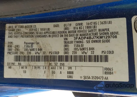 2019 Ford Fiesta Se из США, поврежденный, VIN 3FADP4BJ7KM129708